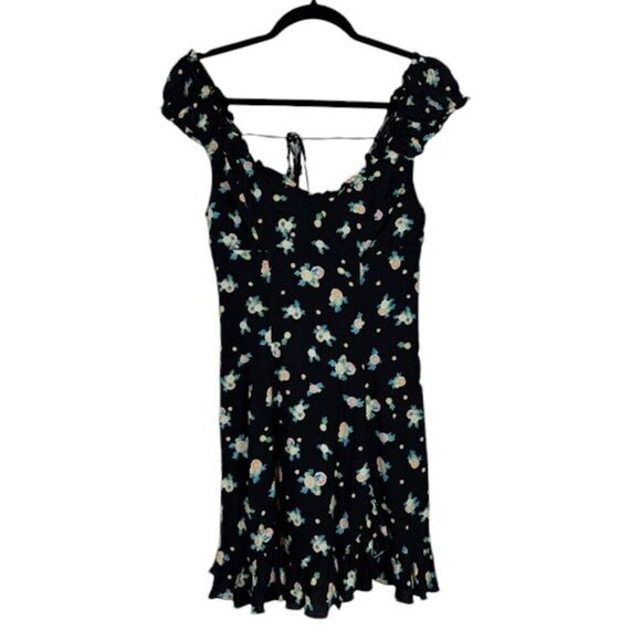 Free People Like A Lady Black Mini Dress Lemon Slice Tie Back Buttons Size XS - Picture 3 of 15